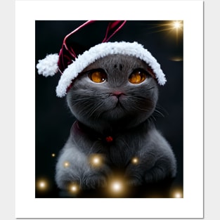 Christmas shorthair cat on a winter evening Posters and Art